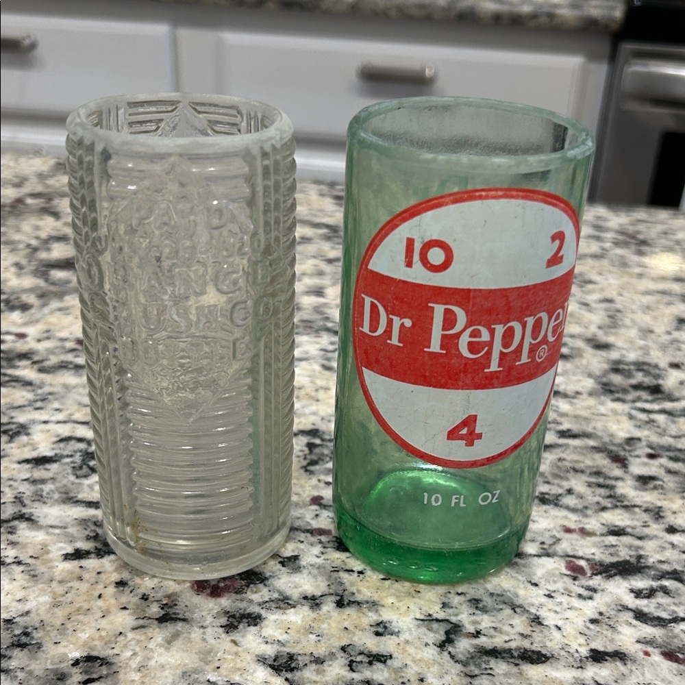 Vintage Dr Pepper and orange crush soda bottles cut in half
